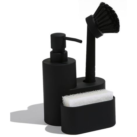 Sollbry Distributeur Liquide Vaisselle 3 en 1, Porte Eponge pour Cuisine Distributeur Savon Cuisine avec Éponge, Brosse , Noir