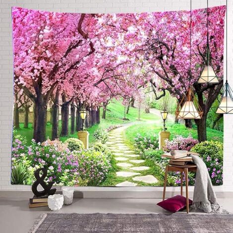 BEBUSINGOTO Tapisserie de fleurs d'arbre, sentier de forêt, fleur de cerisier rouge, tapisserie décorative à suspendre, convient pour chambre à coucher, salon, dortoir (150 x 130 cm) (1/5)
