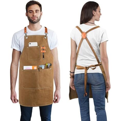 BEBUSINGOTO Tablier de Travail Hommes/Femme, Tablier d'Outils de Cuisine Sangle Croisée Ajustable Toile avec 3 Poches, Professionnel Tablier pour Barbeque, Jardinier, Atelier d'artisanat et Garage (1/5)