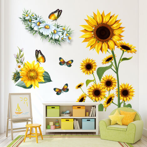BEBUSINGOTO Stickers Muraux Tournesol 3D Papillon Jaune Fleurs Décoration Murale Vinyle Imperméable Amovible Autocollants pour Salon Cuisine Stickers Muraux pour Famille Mur (1/5)