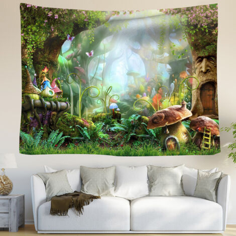 BEBUSINGOTO Tapisserie Murale Forêt Tenture Murale Nature Tissu Mural Printemps Champignons,Conte de fées pour Enfants Chambre Salon Dortoir Murale Décoration,Fond Anniversaire,150x100cm (1/5)