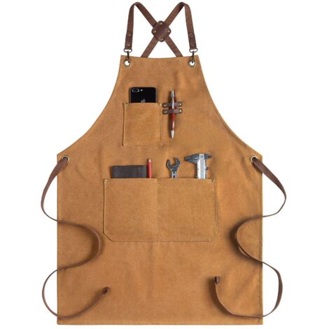 BEBUSINGOTO Tablier pour homme et femme, tablier en toile avec poches - Tablier de cuisine à dos croisé pour la cuisson au barbecue, la cuisson au barbecue, le barbier (1 paquet, marron) (1/5)