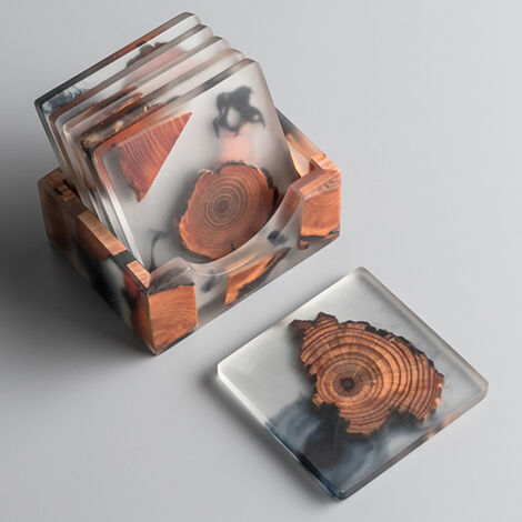 BEBUSINGOTO Ensemble de 6 avec support, ensemble de sous-verres en bois, sous-verres en époxy, sous-verres modernes avec support, sous-verres en bois de cèdre (1/5)