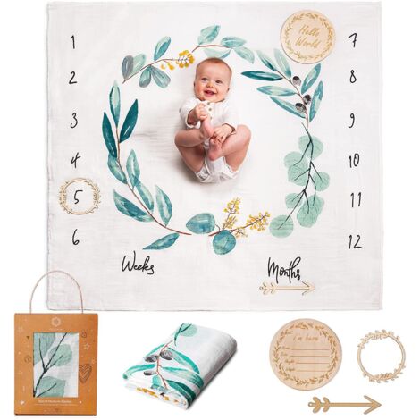 BEBUSINGOTO Couverture Etape Bébé en Français Langes Coton Bébé Tapis Mois Bebe Garçon Ou Fille, Unisexe Thème Feuilles (1/5)