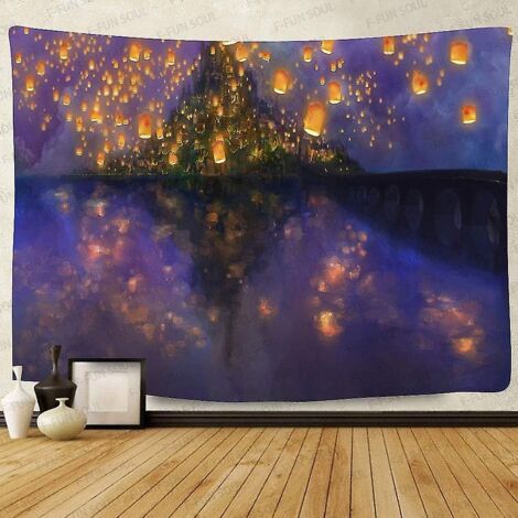 BEBUSINGOTO Tapisserie de château de nuit, 80x60 pouces, lanterne de château de dessin animé, tapisserie murale à motif flou pour décoration de chambre à coucher et de salon (1/5)