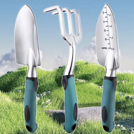 BEBUSINGOTO Ensemble d'outils de jardin 3 pièces, pelle de jardin en alliage d'aluminium, truelle, outil de jardin, râteau à main, cultivateur avec poignée ergonomique en caoutchouc antidérapant (1/4)