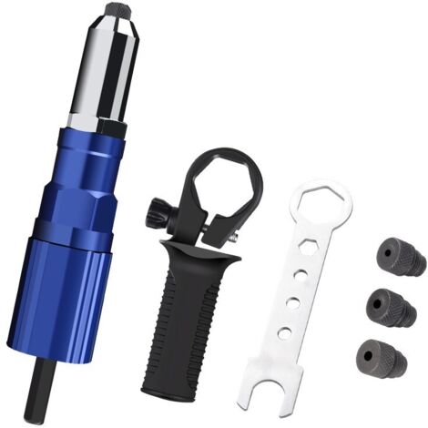 BEBUSINGOTO Pistolet à riveter pour perceuse sans fil électrique - Outil de rivetage sans fil - Adaptateur pour perceuse à riveter - 3 têtes convertibles + 50 rivets pop (1/5)