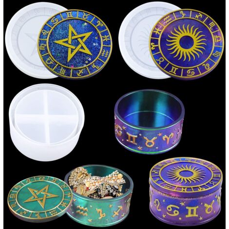 BEBUSINGOTO Moule en résine pour boîte de rangement Constellation avec 2 couvercles du zodiaque soleil et étoile, moule en silicone pour coulée d'époxy, moule de décoration pour bijoux (1/5)