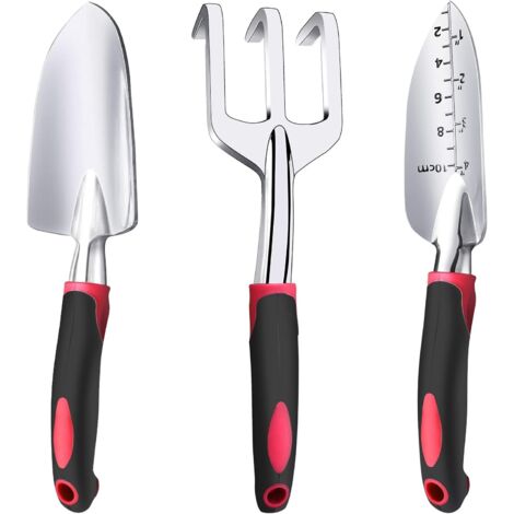 BEBUSINGOTO Kit de jardinage lourd en aluminium de 3 pièces comprenant une pelle à main, une pelle de transplantation et un râteau à main avec poignée antidérapante en caoutchouc souple (1/3)
