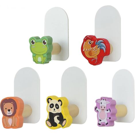 BEBUSINGOTO Crochets en bois auto-adhésifs, 5 crochets pour manteaux pour enfants pour mur, crochets de porte pour chambres (1/5)