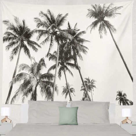 BEBUSINGOTO Plage Nature Vintage Palmier Art Noir Blanc - Tapisserie murale - 200x150 cm - Grande tapisserie – Poster - Toile - Accessoires pour Chambre Salon Chambre d'enfants (1/5)