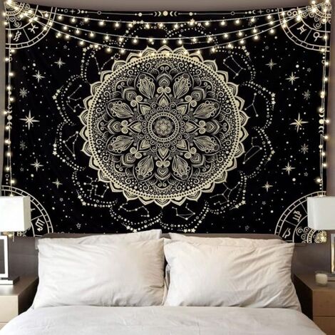 BEBUSINGOTO Tapisserie murale mandala en or noir, astrologie, décoration murale hippie esthétique, art mural bohème, décoration d'intérieur pour chambre, salon, dortoir (1/5)