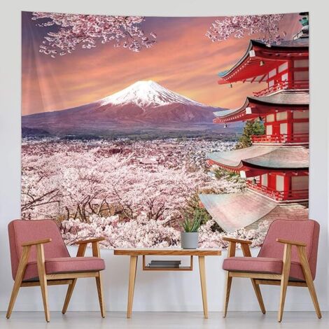 BEBUSINGOTO Tapisserie Murale Japonaise Tapisserie de Montagne de Fuji Asiatique Décoration Murale Pagode du Japon avec Fleur de Cerisier Art Nature pour Salon Chambre Dortoir Mur (150130cm) (1/5)