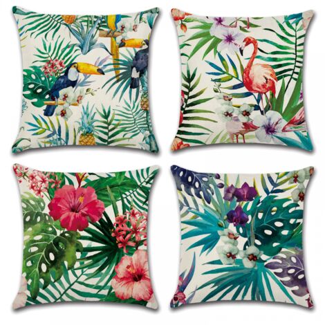 BEBUSINGOTO Housses de coussin 45 x 45 cm, lot de 4 housses de coussin en coton et lin pour canapé, lit, jardin, coussins de canapé (Fleur-7) (1/5)