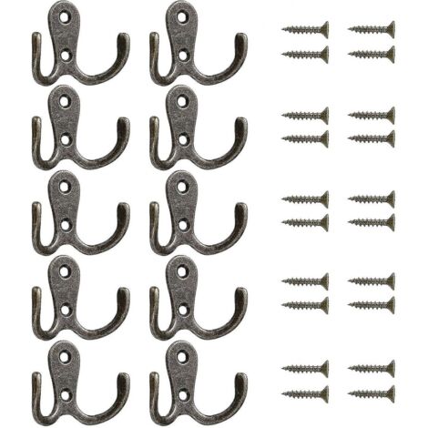 BEBUSINGOTO Lot de 10 crochets doubles pour porte, mur, chambre à coucher, salle de bain, crochets en métal vintage pour suspendre des vêtements, des peignoirs, des serviettes, des chapeaux, des clés (1/5)