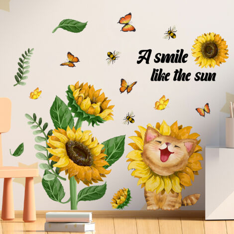 BEBUSINGOTO Un lot de Stickers Muraux tournesol chat papillons Autocollants Muraux pour Salons Chambres Bureaux Décoration Murale (1/5)