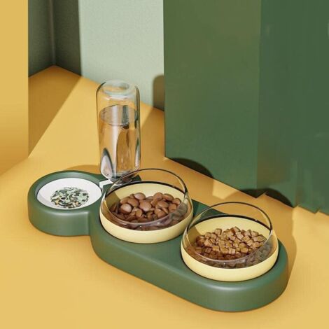 BEBUSINGOTO Bols pour chat Nourriture et eau Plats pour chat surélevés en plastique Bouteille d'eau automatique 3 en 1 Bols doubles pour animaux de compagnie 2 bols de nourriture et mangeoire (1/5)