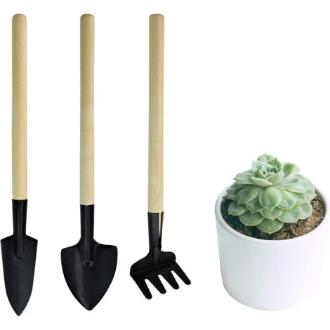 BEBUSINGOTO Mini outils de jardinage, ensemble d'outils manuels de jardin portables 3 pièces, râteau de jardinage miniature, truelle et pelle pour semis, bonsaï, plantes succulentes, herbes (1/4)