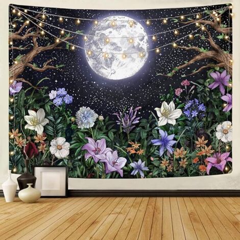 BEBUSINGOTO Tapisserie murale esthétique de jardin de lune, scène de nuit avec plantes et fleurs colorées, tapisserie pour chambre à coucher, décoration d'intérieur, 130 x 150 cm (1/5)