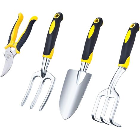 BEBUSINGOTO Ensemble d'outils de jardin, 4 pièces d'outils à main de jardinage robustes avec têtes en aluminium, poignée en gel -Truelle, sécateur et désherbage,kit d'outils à main de jardin durables (1/4)
