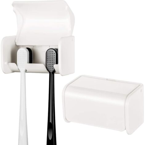BEBUSINGOTO Lot de 2 porte-brosses à dents muraux avec couvercle pour salle de bain, 2 fentes, porte-brosse à dents auto-adhésif blanc, cintre pour brosse à dents, dortoir, salle de bain et douche (1/5)