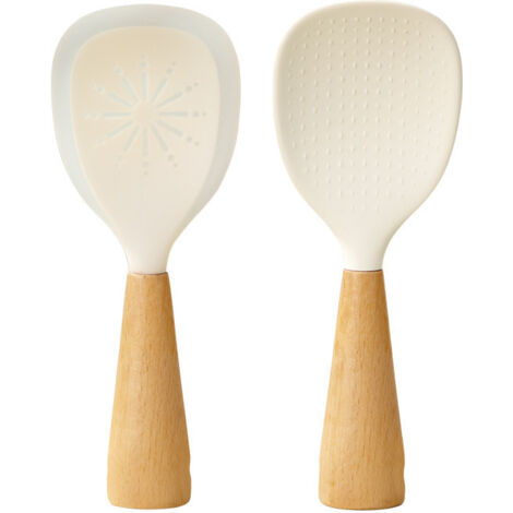 BEBUSINGOTO Cuillère à riz en silicone, 2 cuillères à riz debout, pelle à riz antiadhésive, cuillère à riz avec manche en bois, cuillère à riz pour la cuisine (1/3)