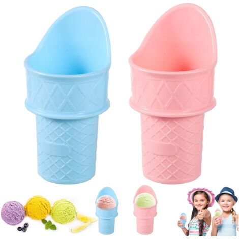 BEBUSINGOTO 2 Cuillères à Cornet de Crème Glacée, Support Crème Glacée Plastique Mini Tasse Crème Glacée Support de Présentation Réutilisable pour Enfants, Fête D'anniversaire, Cadeau (Rose, Bleu) (1/5)