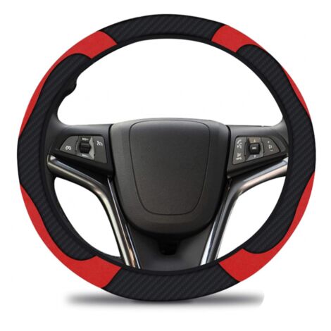 BEBUSINGOTO Couvre Volant Voiture Cuir Microfibre, Noir Rouge, Respirant PU , Antidérapante Universelle (38cm) (1/5)