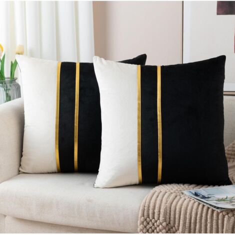 BEBUSINGOTO Lot de 2 housses de coussin décoratives en velours, patchwork noir et blanc avec housses de coussin en cuir doré, 45,7 x 45,7 cm (1/5)