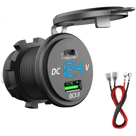 BEBUSINGOTO Chargeur Rapide USB C Voiture 12V / 24V QC 3.0 64W Double Prise Chargeur USB Étanche avec LED Voltmètre pour Voiture Aarine Moto Bateau Caravane (1/5)