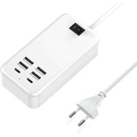 BEBUSINGOTO USB C, chargeur USB à 6 ports, 2 ports USB-C + 4 ports USB-A, chargeur multi-USB compatible avec plusieurs appareils tels que iPhone/Samsung/tablette
