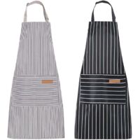 BEBUSINGOTO 2 Pcs Striped Kitchen Aprons, Unisex Cotton Linen Chefs Aprons, Adjustable Bib Apron with 2 Pockets for Cooking Baking Painting, Black & Grey