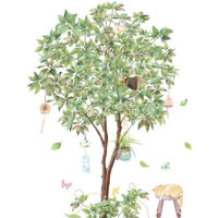 BEBUSINGOTO 1pc grandes feuilles vertes arbre sticker mural carillons éoliens stickers muraux peler et coller chat oiseau mur art décalcomanie pour chambre d'enfant salle de classe bureau