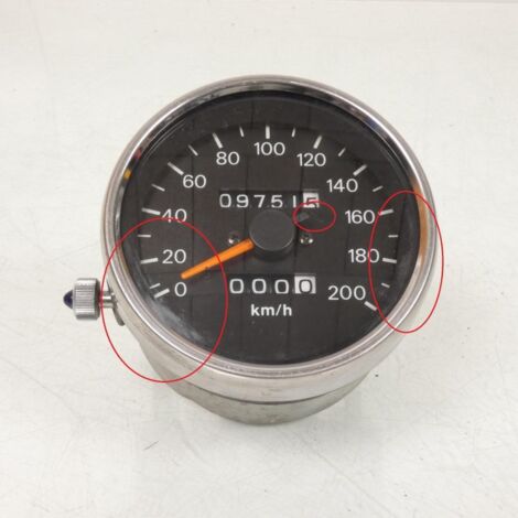 [PRODUIT D'OCCASION] Compteur entourage chromé fond noir 200km/h origine pour moto