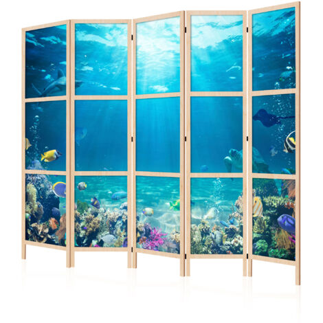 LUMASOUL Paravent Intérieur à Simple Face - 5 Panneaux - Separateur de Pieces de Style Japonais - Cloison de Separation pour Chambre à Coucher et Salon - Motif Animaux - 225x172 cm