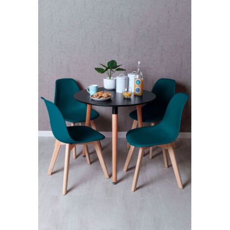 Black Friday - Conjunto Mesa Tower Redonda 80 cm Negra y Pack 4 Sillas Kelen - Verde azulado (1/5)