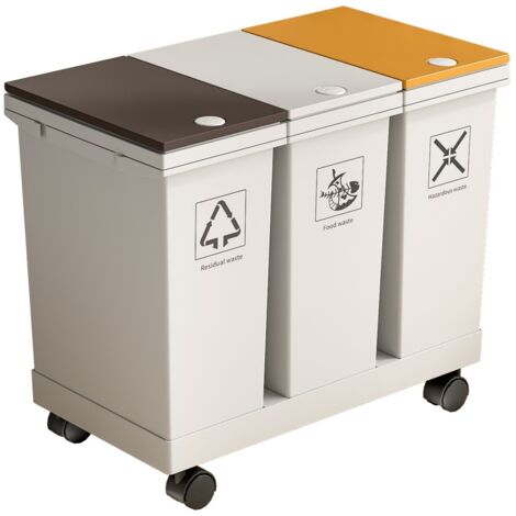 20L 3-Compartment Rolling Trash Can with Wheels, 16 Gallon