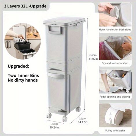 32L  Upgrade-Version Küche Abfalleimer ,3 Etagen mit 2 Fächern  Abfalleimer,Mülltrennsystem,Platzsparend Mülltrennbehälter Mülleimer,Beigefarben.