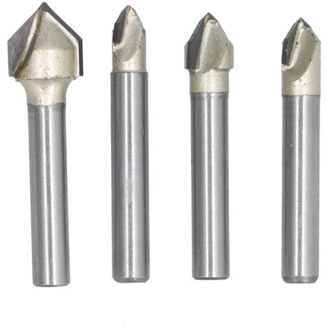 Jeu de 4 fraises à rainurer en V 90° pour bois, diamètres de coupe 1/4, 5/16, 3/8, 1/2 pouce, queue de 1/4 pouce pour défonceuse industrielle. (1/5)