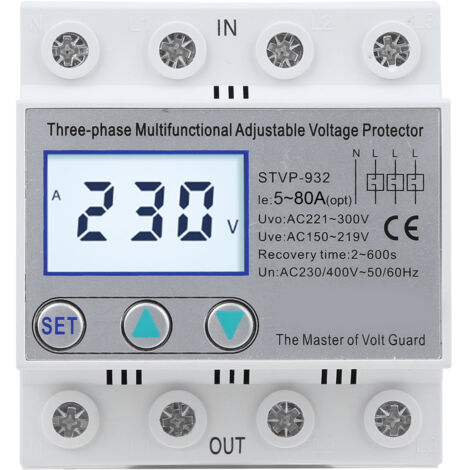 Protecteur de Tension Réglable 3 Phases LCD Multifonction STVP-932 230V/400VAC 63A Auto-Réarmement