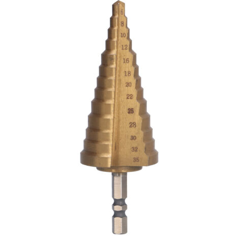 Fraise conique HSS revêtue Ti 118° pour perçage progressif 6-35mm, manche hexagonal 1/4 pouce (1/5)
