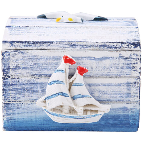 Boîte de rangement en bois style méditerranéen pour bijoux et bonbons - Coffret portable décoratif (thème marin)