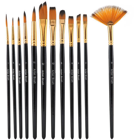 Ensemble de 12 Brosses à Peinture en Nylon avec Manche en Bois Noir pour Aquarelle et Artisanat (1/5)