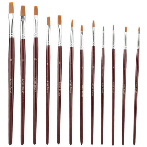 12 Pinceaux à poils nylon rouge vin pour peinture et dessin (plats) - Set d'artiste (1/5)
