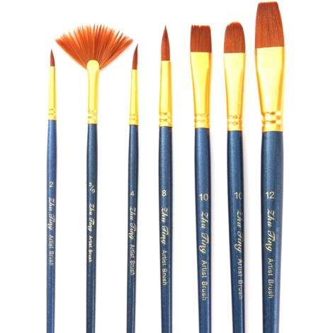 Ensemble de 7 Pinceaux à Huile en Nylon avec Manche en Bois pour Peinture Artistique - Bleu Foncé (1/3)