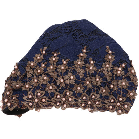 Turban en Dentelle Brodée avec Perles - Bonnet Souple en Polaire pour Femmes - Usage Quotidien - Bleu Foncé (1/5)
