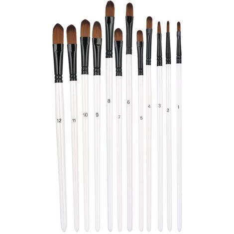 Ensemble de 12 Pinceaux à Cheveux en Nylon avec Manche en Bois Blanc Perlé pour Peinture à l'Huile et Acrylique - Têtes Plates et Rondes (1/5)