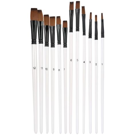 Ensemble de 12 Pinceaux à Cheveux en Nylon avec Manche en Bois, Style Varié Blanc Perlé pour Peinture à l'Huile et Acrylique - Tête Plate (1/5)