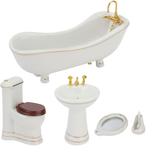 5 Pièces Ensemble Salle de Bain Maison de Poupée 1:12 Miniature Mignonne en Porcelaine Meubles et Accessoires Jouets