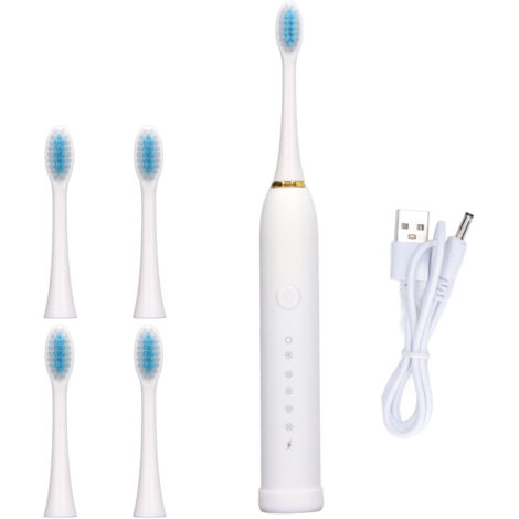 Brosse à dents électrique rechargeable 6 modes étanche IPX7 avec 4 brossettes blanche (1/5)